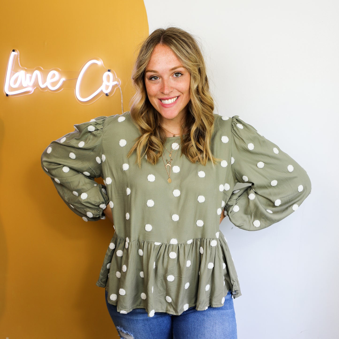 Olive Texture Dot Balloon Sleeve