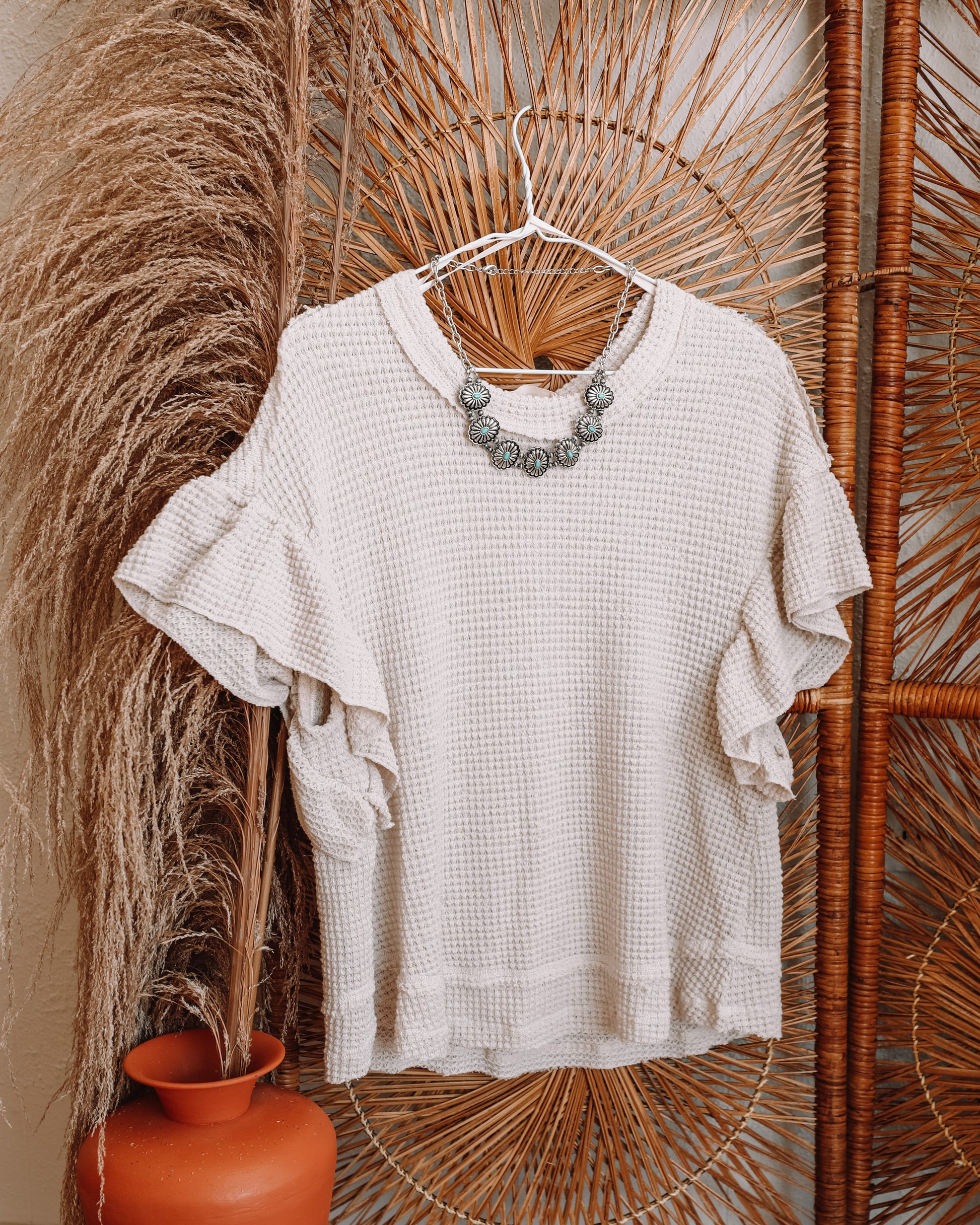 Beige Waffle knit top with ruffle sleeves and raw hems boho western style top