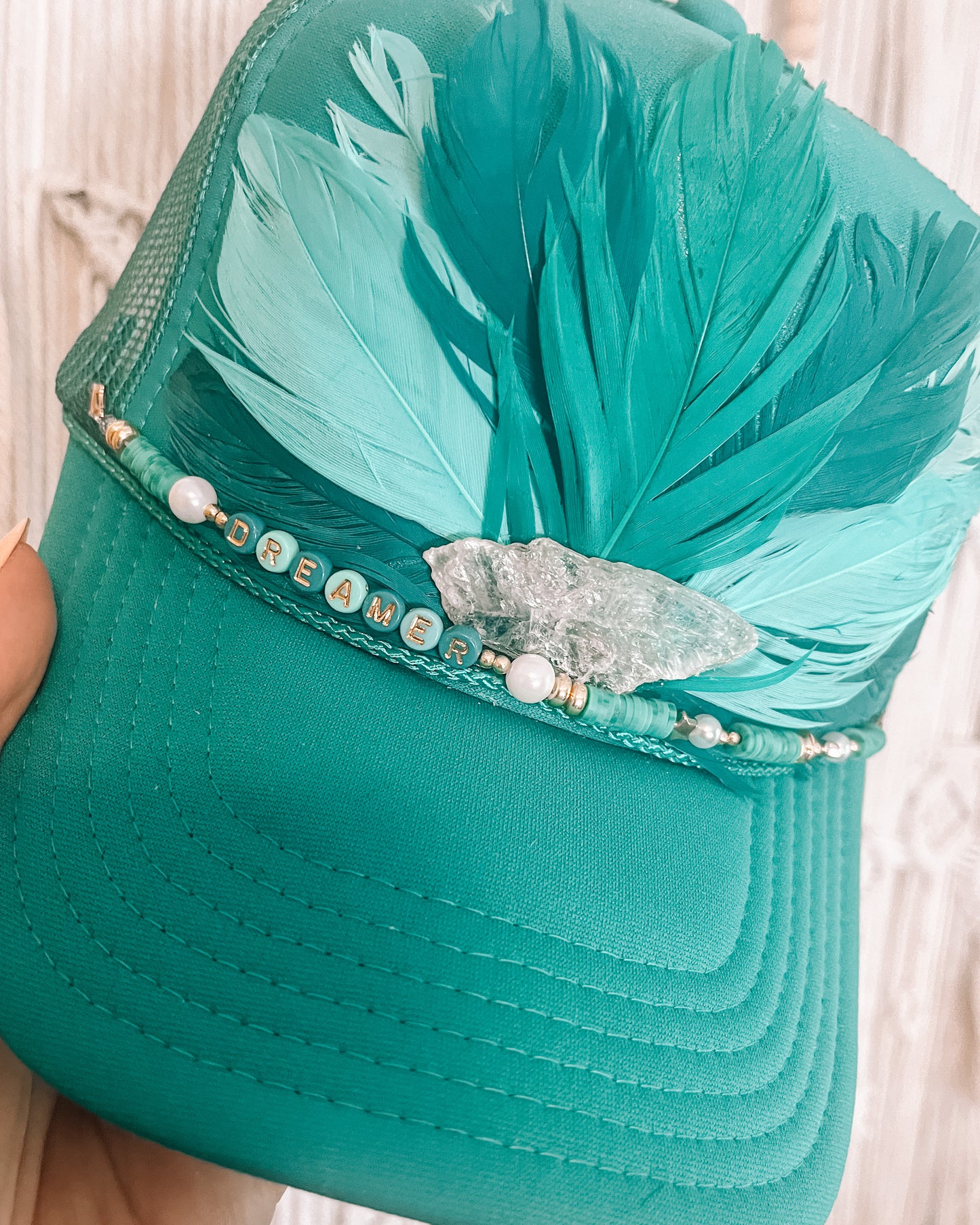 Dreamer Jade Turquoise Feather Trucker Hat