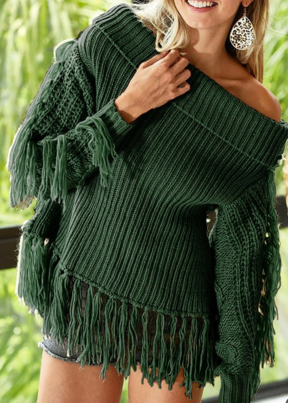 Off shoulder fringe sweater best sale