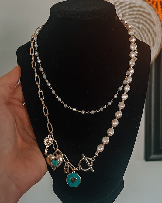 Heart of Gold Pearl Stacked Necklace Set